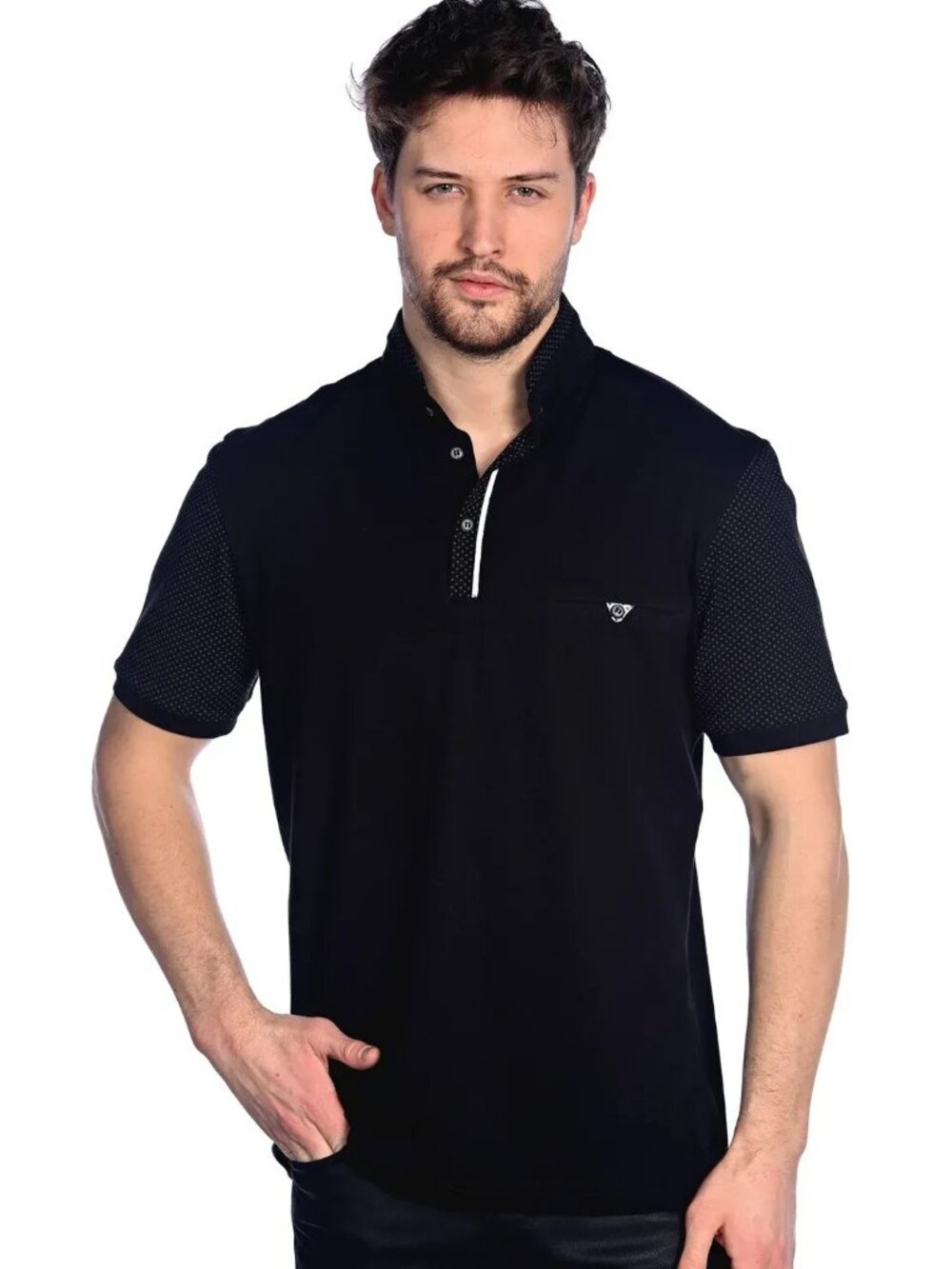 Mizumi Black Short Sleeve Knit Polo With Dotted Contrast Collar And Sleeves/4214